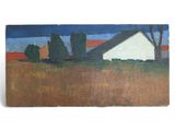 an image of a painting of a white house in a field