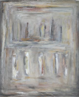 une peinture à l'huile représentant une étagère sur laquelle sont posées des bougies