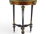 a round table with a marble top and two legs