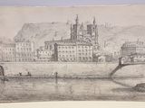 dessin représentant une vue d'une ville avec un pont enjambant une rivière