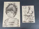 deux dessins représentant un garçon et une femme assis sur un banc