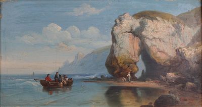 une peinture représentant des personnes sur un bateau dans l'eau