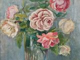 une peinture de roses dans un vase en verre sur une table