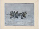 an image of a painting of a group of people walking in the snow