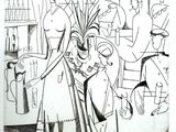 a black and white drawing of people in a store