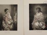 two black and white pictures of a woman in a dress and a woman in a dress