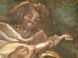 a painting of a man playing a guitar in a room