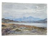 watercolor painting of a landscape with a lake and mountains in the distance