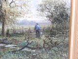 a painting of a man standing in a field with a bucket