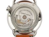 a close up of a watch on a white background with a brown strap
