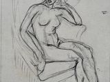 a drawing of a woman sitting on a chair with her legs crossed