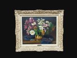 une peinture de fleurs dans un vase sur une table