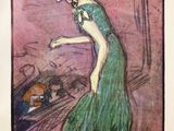 tableau représentant une femme en robe verte avec un chien