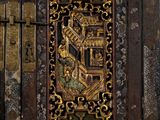 a wooden door with a decorative design on it