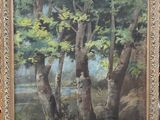 an oil painting of a wooded scene with trees and a stream