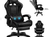 une photo d'une chaise de bureau noire sur laquelle brille une lumière bleue