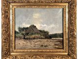 une peinture à l'huile représentant une scène de vie à la ferme, avec un homme et un chien au premier plan