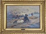 painting of a painting of a man laying on the ground in front of a group of soldiers