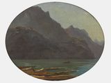 une image représentant un tableau où l'on voit un bateau sur un plan d'eau, avec des montagnes en arrière-plan