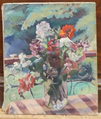 a painting of flowers in a vase on a table