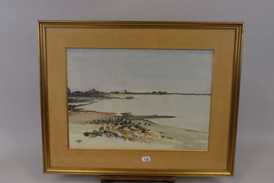 tableau représentant une scène de plage avec un phare au loin