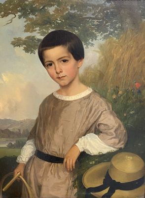 tableau représentant un jeune garçon avec un panier de fleurs dans un champ