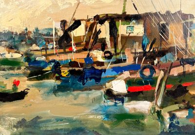 un tableau représentant des bateaux sur l'eau près d'un quai