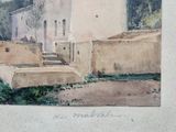 painting of a building with steps leading up to it in front of a tree