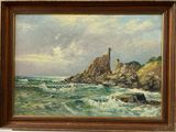 une peinture à l'huile représentant une côte rocheuse avec un phare au loin