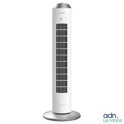un ventilateur colonne blanc posé sur un pied métallique