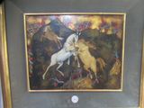 a picture of a painting of two horses fighting each other
