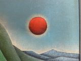 an oil painting of a house and a red ball in the sky