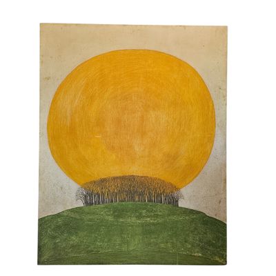 an image of a painting of a yellow sun over a green hill