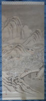 chinese scroll painting of a landscape with mountains and a river