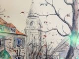 un dessin représentant un bâtiment avec une tour horloge en arrière-plan