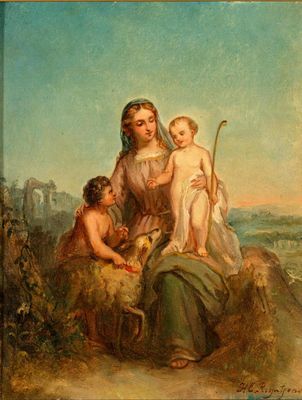 un tableau représentant une femme et deux enfants assis sur une colline