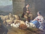 a painting of a man and a woman sitting in front of a herd of sheep