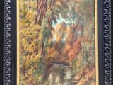 an oil painting of a river in a wooded area with trees in the background