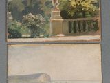 two paintings of a view of a castle and a body of water