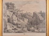 an old picture of a painting of a mountain scene with a man on a horse