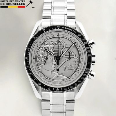 an image of a silver watch with a woman ' s face on the face