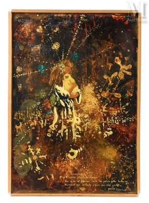 un tableau représentant une femme tenant un enfant dans une forêt