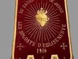a red and gold banner with a crown on it