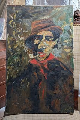 a painting of a man sitting on a chair in front of a painting
