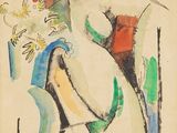 une image représentant un tableau d'une femme avec des fleurs dans un vase