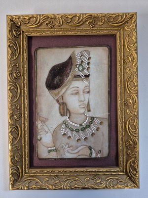 painting of a woman wearing a hat and a necklace in a gold frame