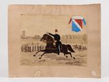 an old picture of a man riding a horse with a kite in the background