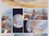 painting of a collage of cowboys riding horses in the desert