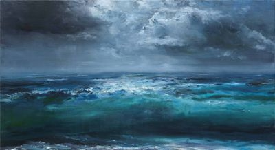 a painting of a large body of water under a cloudy sky