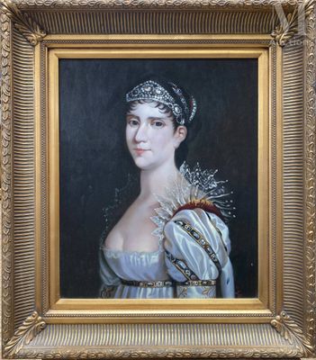 un tableau représentant une femme en robe blanche avec une tia